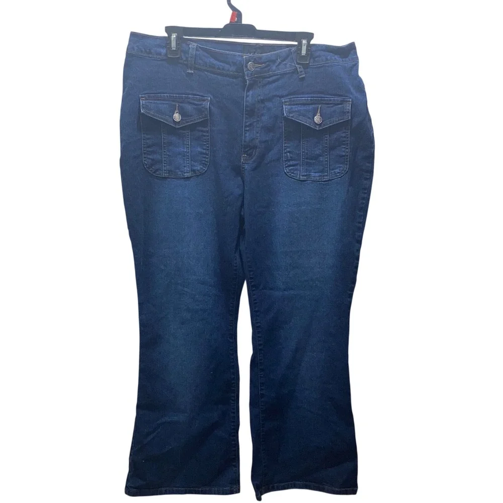 Adolfo Womens Dark Wash Linen Blend Bootcut‎ Jeans Front Flap Pockets Size 20